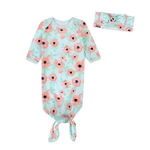 Baby Essentials Newborn Floral Gown & Headband‎ Set - Teal/Pink 0-3M NWT